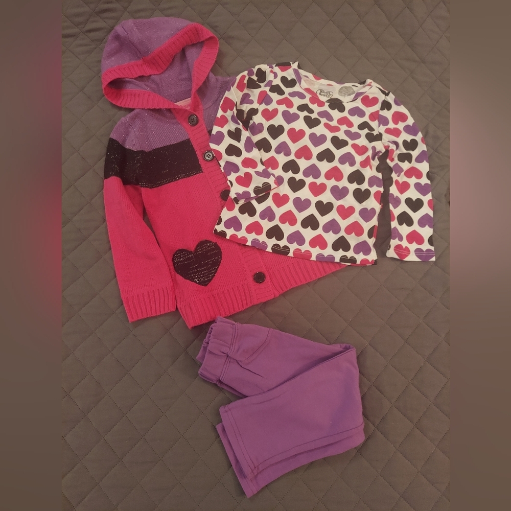 Pink and Purple Heart Kids Shirt with Purple Pants and Cardigan Set